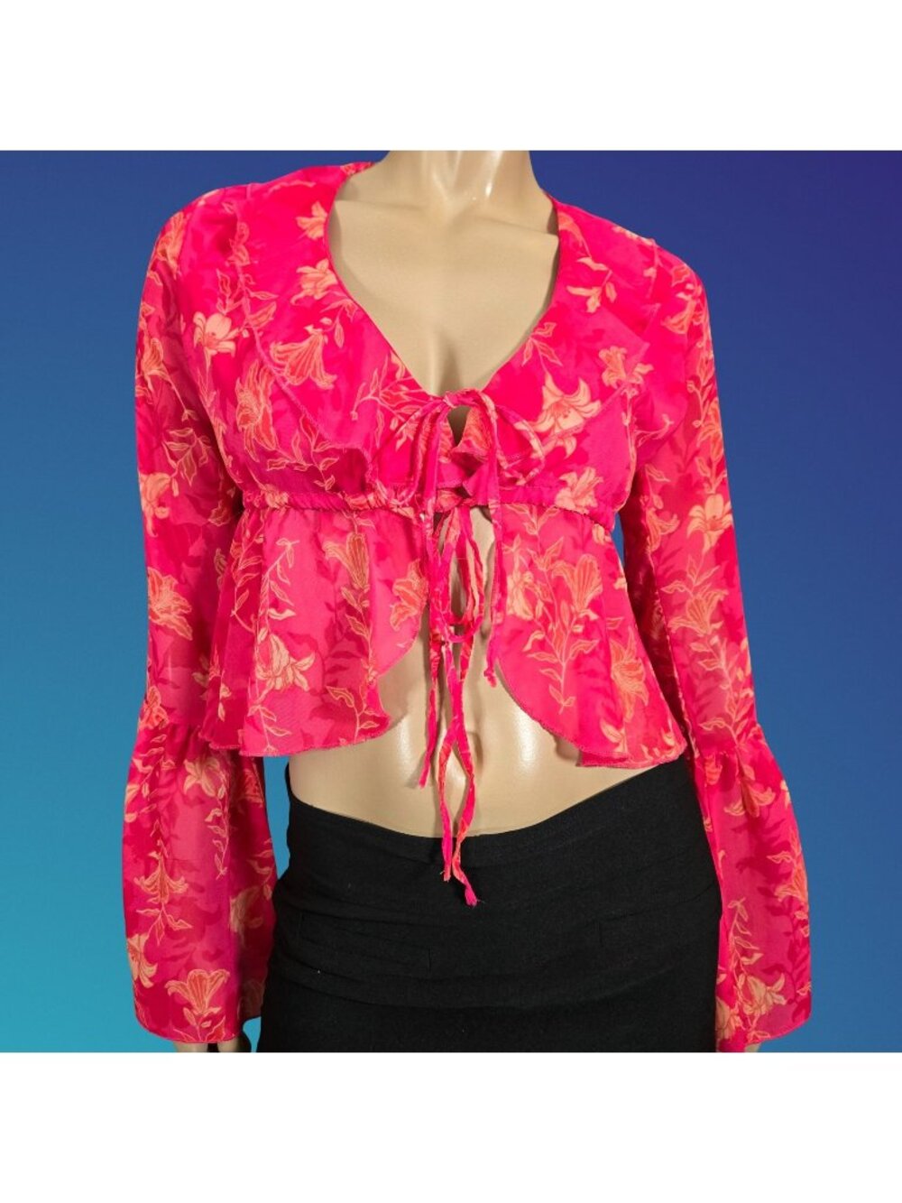 Vintage Y2K Bright Coral Floral Chiffon Tie Front Cardigan Jacket Size S Ruffled